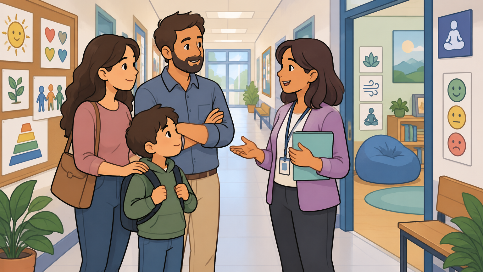 Familia visita un colegio y conversa con una orientadora sobre los apoyos del centro