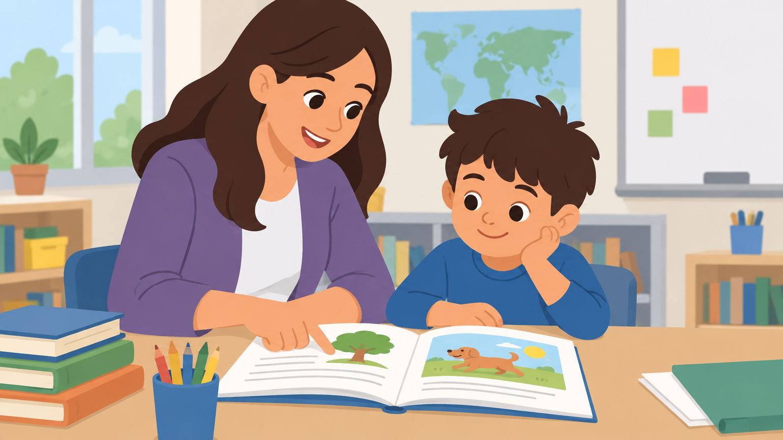 Docente acompañando a un alumno en una tarea de lectura en un aula inclusiva