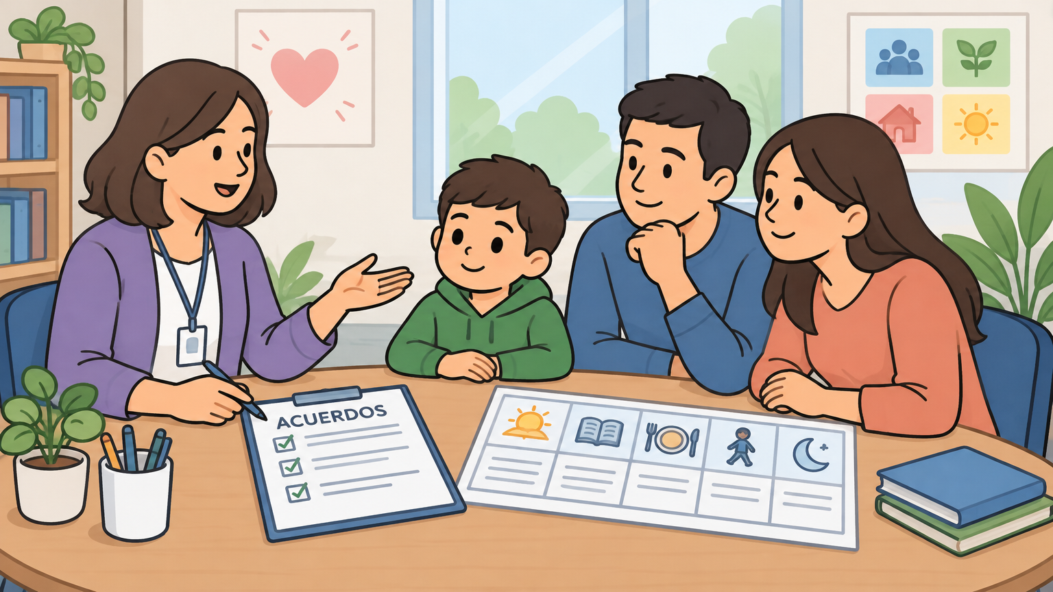 Docente y familia revisan acuerdos de apoyo en una reunión escolar