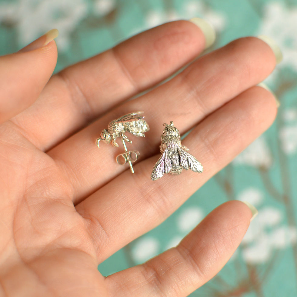Thumbnail: Side and top view of Silver Honey bee earrings, The stud fixing is in the middle of the belly of a bee