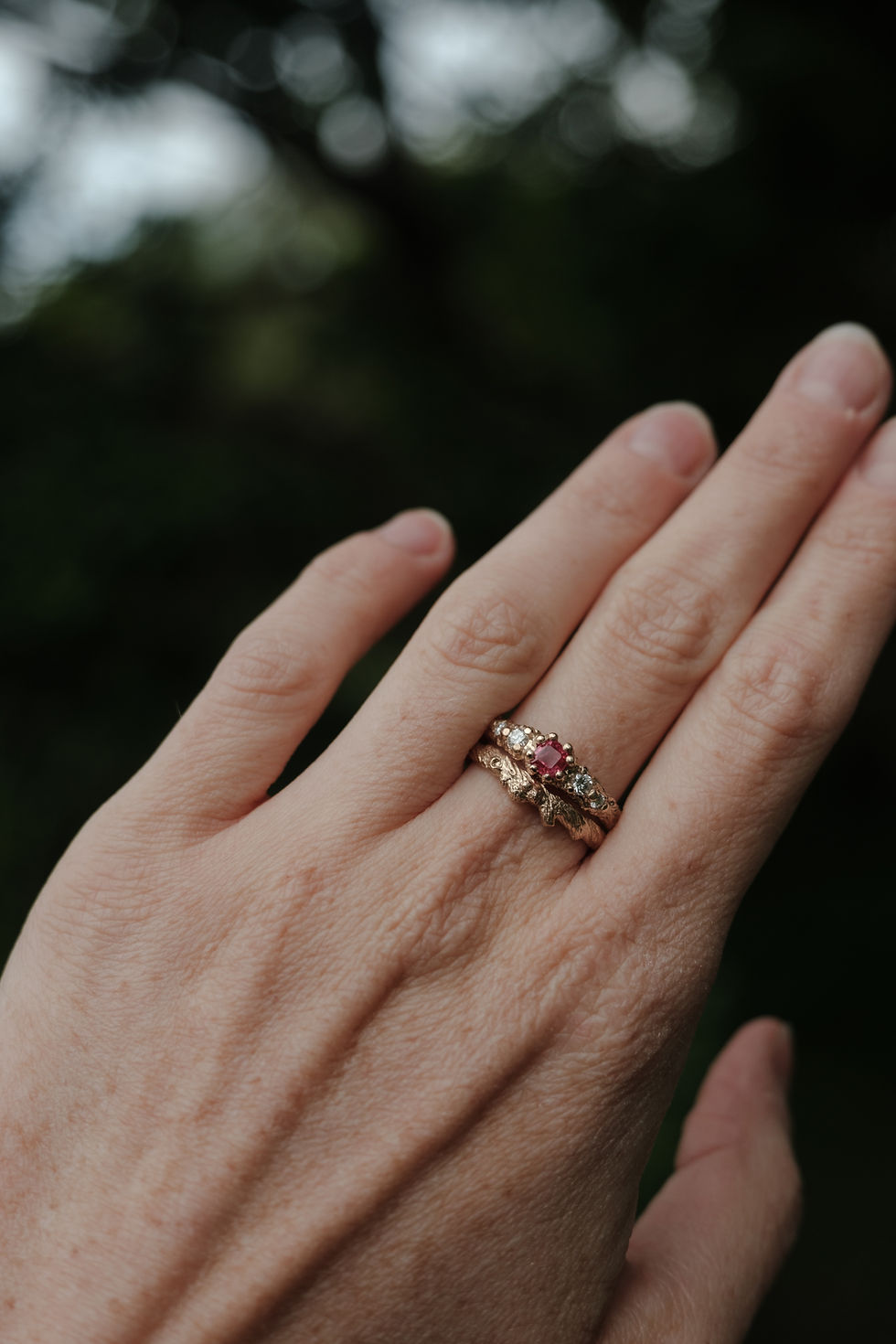 Thumbnail: Solid Gold Elderwood Ring with Ruby and Diamond