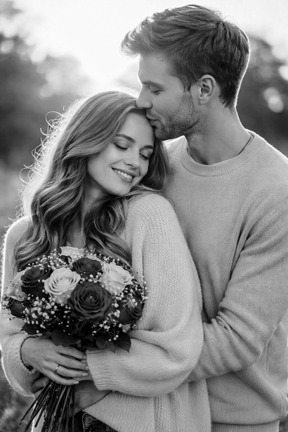 Valentinstag Fotoshooting Paar umarmt sich bei Sonnenuntergang natürliche Paarfotografie draußen