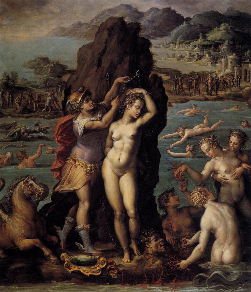 Quadro Perseo e Andromeda dipinto da Vasari con dettaglio del corallo che nasce dal sangue della Gorgone
