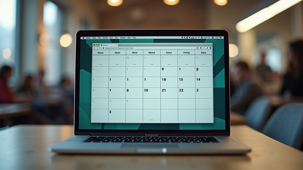 Eye-level view of a laptop displaying a content calendar on screen