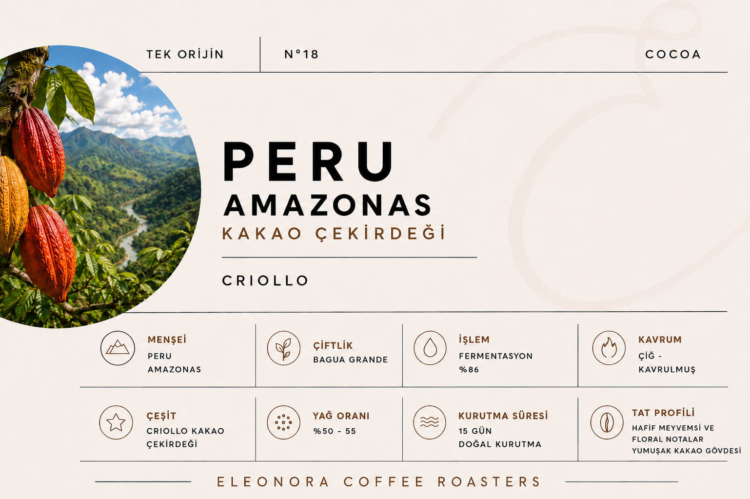Peru Amazonas Cacao Nuestro Criollo Kakao Çekirdeği - Eleonora Coffee