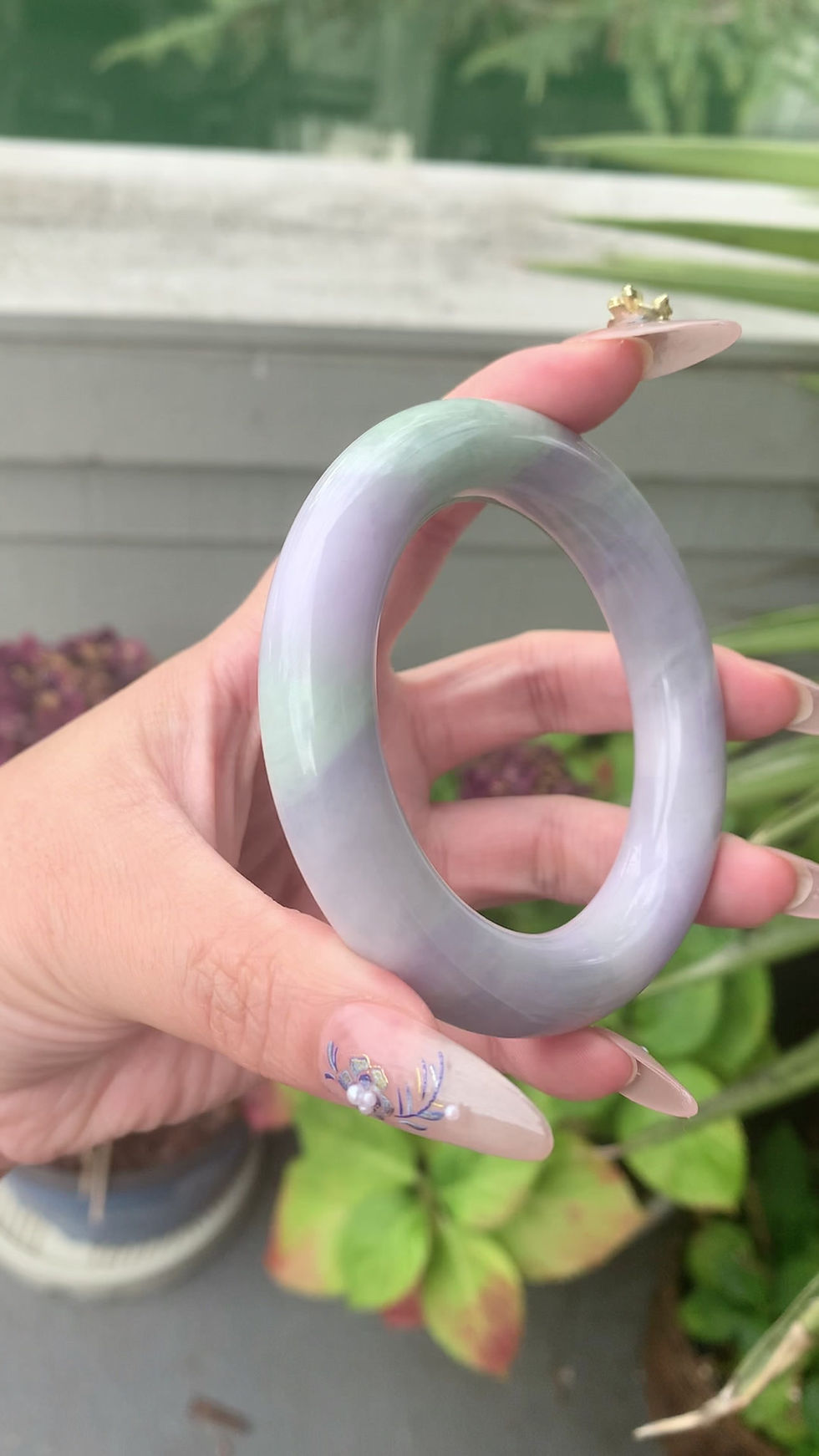 縮圖：【闲置D945】56.6圈糯种春彩超胖圆条翡翠手镯  Jadeite Bangle Size 56.6