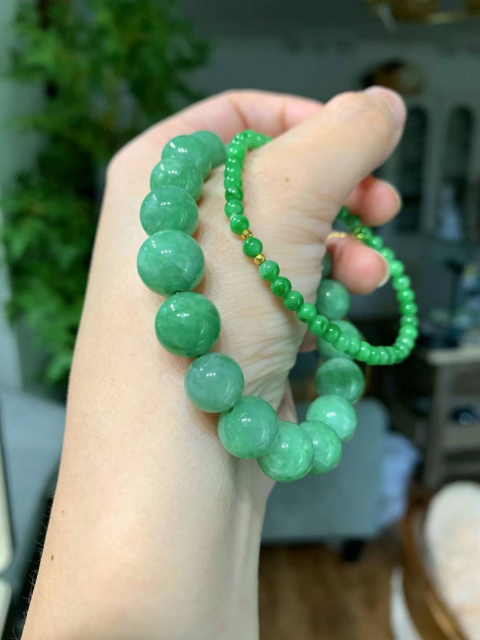 Thumbnail: 【新货】大颗糯种阳绿满绿翡翠手串