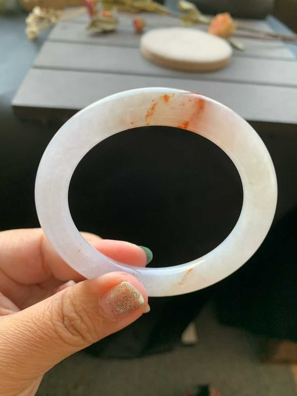 縮圖：【新货-T981】53圈糯冰淡粉洒红翡翠手镯  Jadeite Bangle Size 53