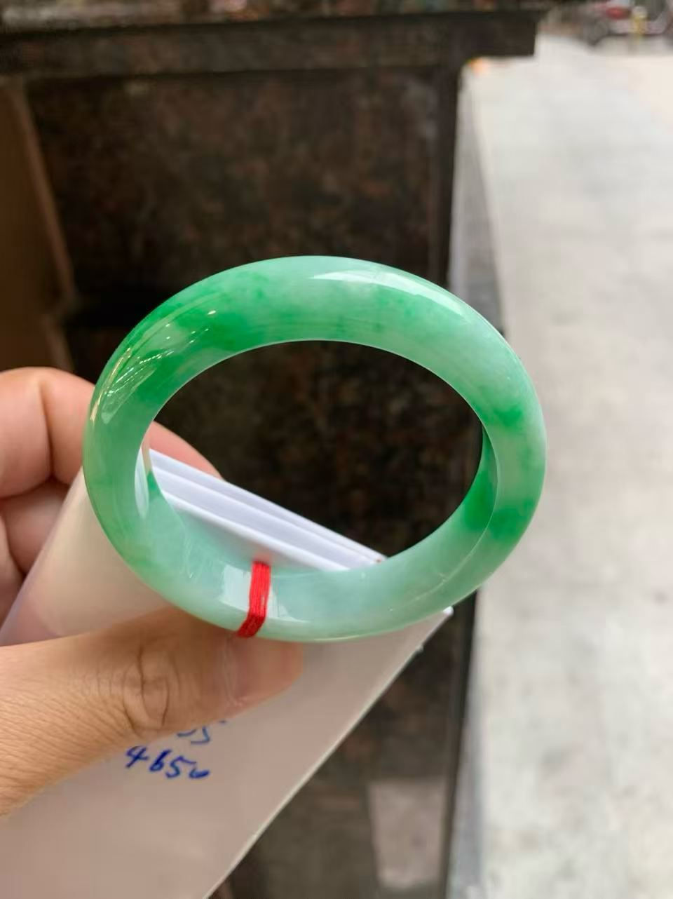 Thumbnail: 【新货-FBZ0583】55.5圈糯种飘阳绿正圈翡翠手镯  Jadeite Bangle Size 55.5