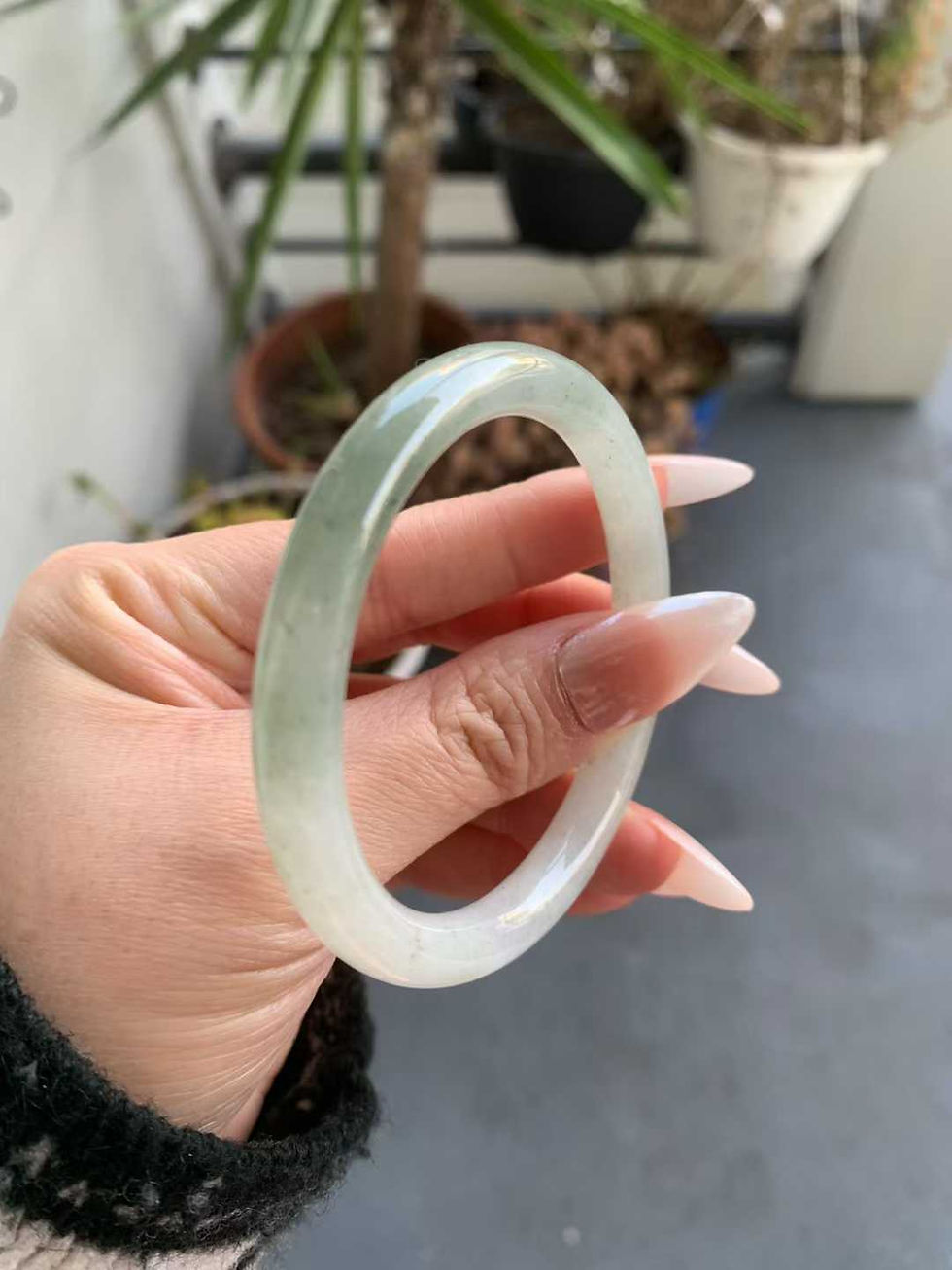 Thumbnail: 【闲置D903】52.8圈糯冰半山水圆条翡翠手镯  Jadeite Bangle Size 52.8