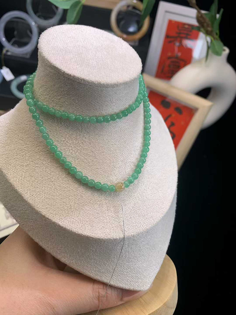 Thumbnail: 【闲置F905】糯冰种翠绿翡翠米珠项链