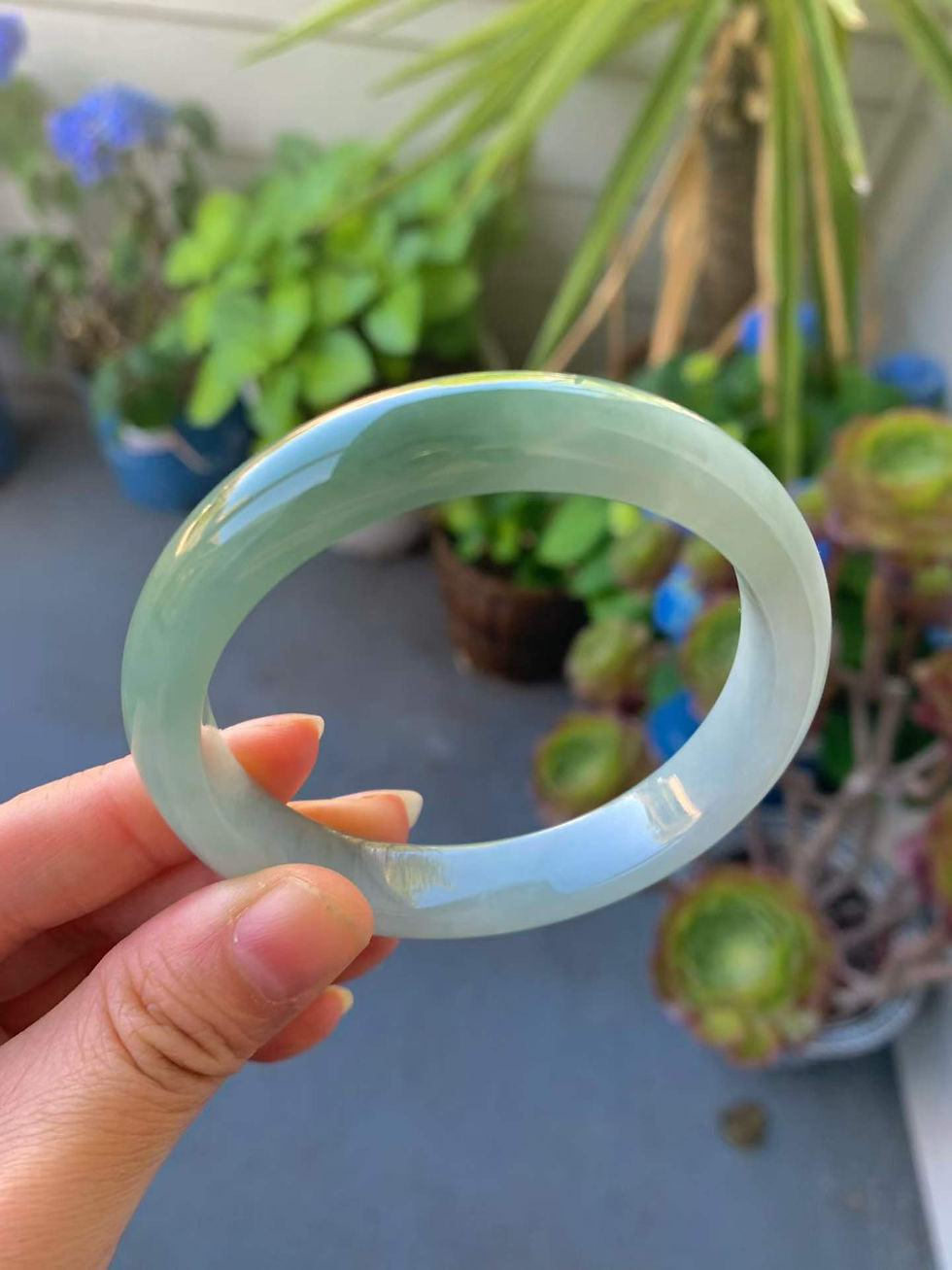 縮圖：【闲置D924】58圈冰润半山水黄加绿翡翠正圈手镯  Jadeite Bangle Size 58
