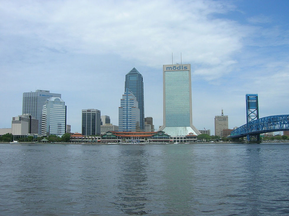 Jacksonville FL skyline from the southbank of the St. Johns River, no people as subject