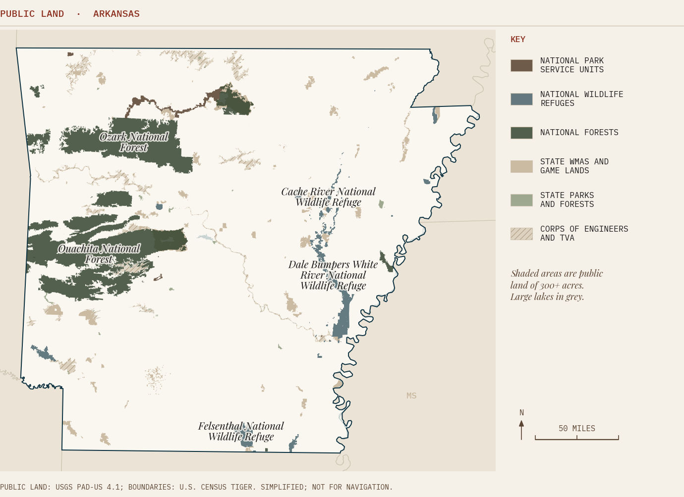 Map of Arkansas showing major public land by managing agency, including national forests, refuges, wildlife management areas and Corps lakes