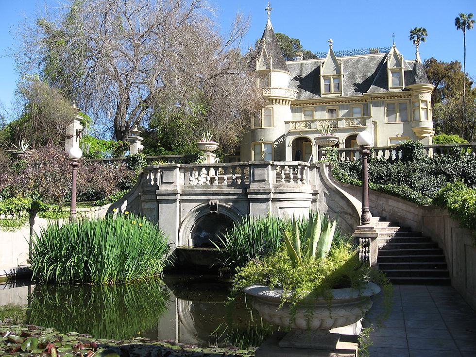 Kimberly Crest mansion with its terraced garden pond and stone stairway in Redlands California
