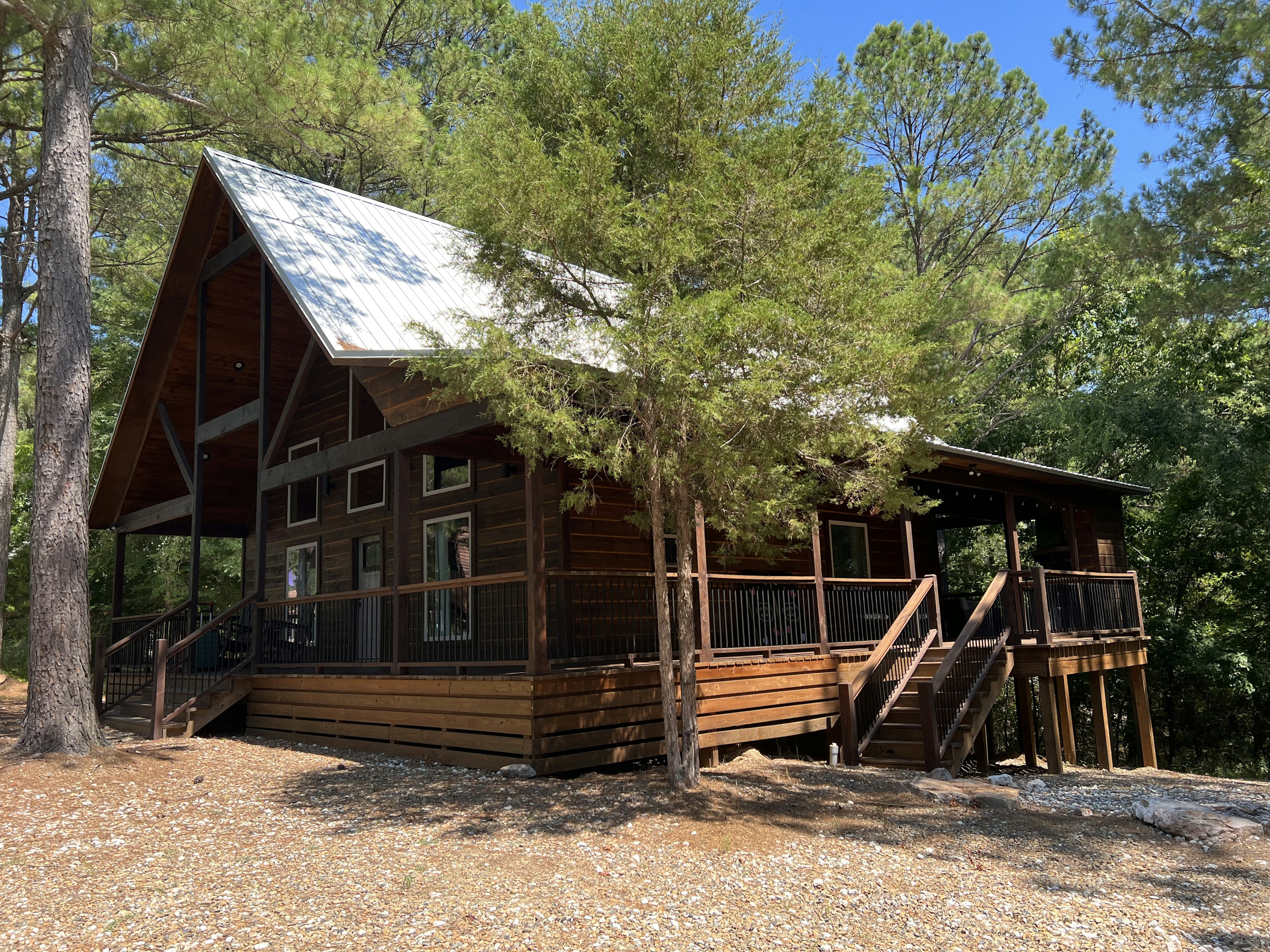 Cabin stay exterior with porch, no faces