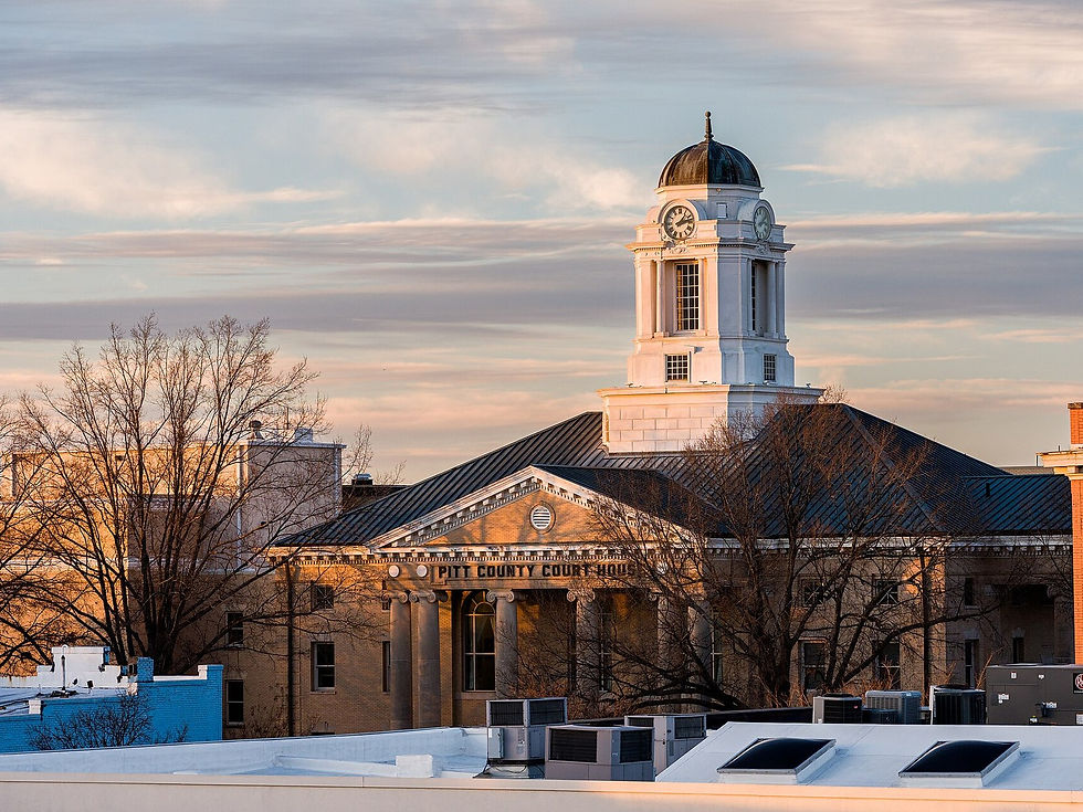 Pitt County Courthouse cupola, downtown Greenville NC at sunset — civic building, no people as subject