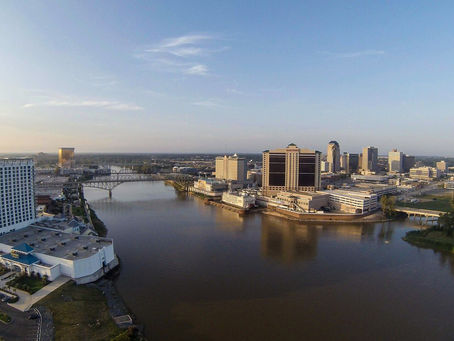 Shreveport and Bossier City skyline over the Red River — river and skyline, no people as subject