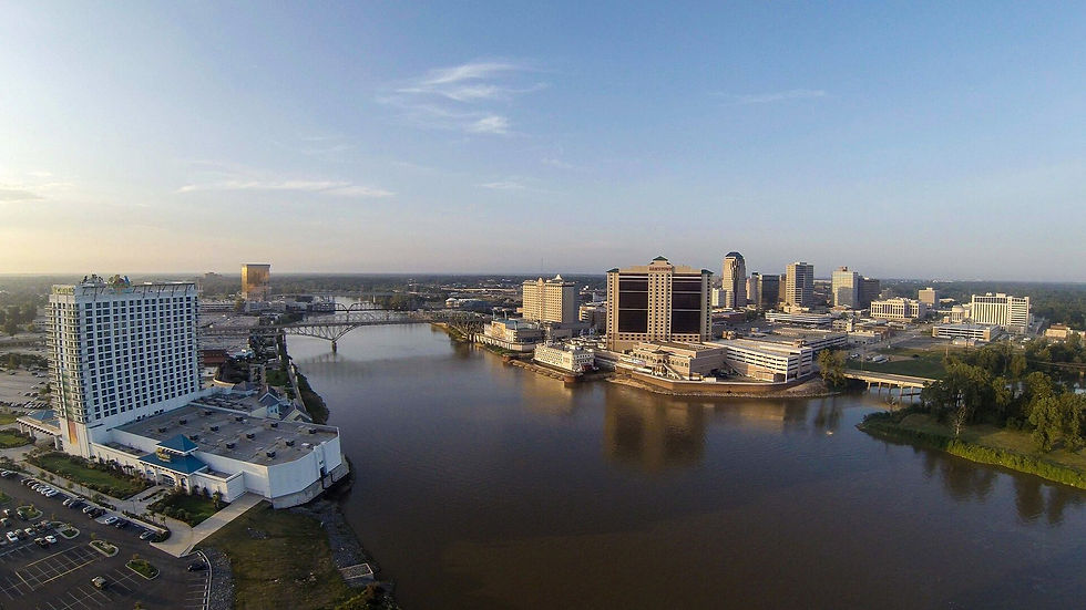 Shreveport and Bossier City skyline over the Red River — river and skyline, no people as subject