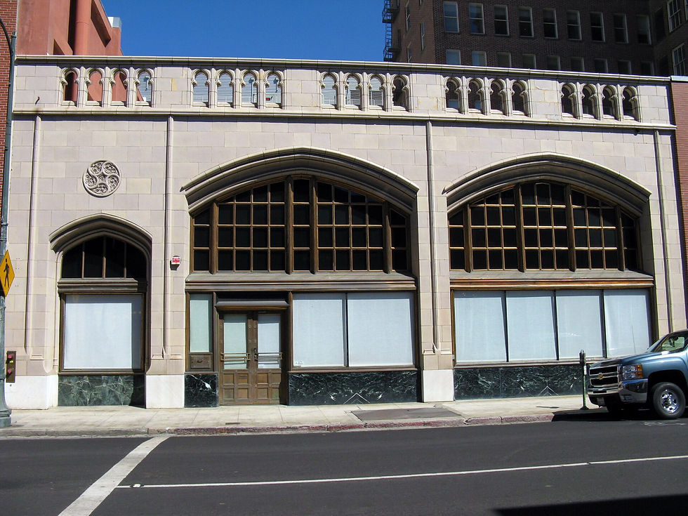 Former Union Safe Deposit Bank with tall arched windows on Main Street in downtown Stockton California