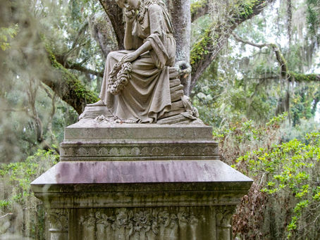 Cemetery monument under live oaks, Colonial Park, Savannah , statue not a living person
