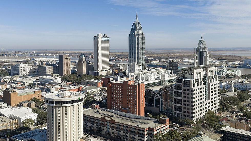 Skyline of Mobile, Alabama from the west, downtown along the Mobile River — no people as subject