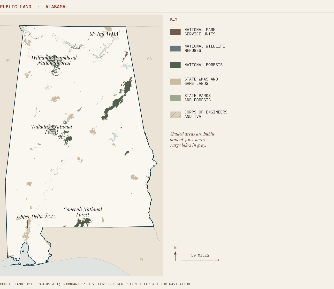 Map of major public land in Alabama by managing agency, showing Talladega National Forest, Conecuh National Forest, and Skyline WMA
