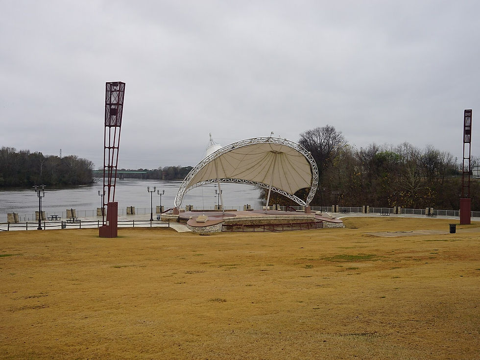 Riverfront Park amphitheater canopy on the Alabama River, Montgomery AL 2018 — empty lawn, no people as subject