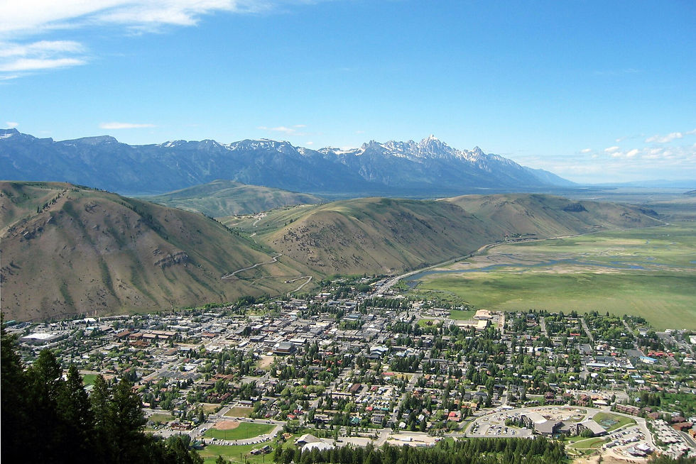 Jackson Wyoming town and Tetons from Snow King, photograph