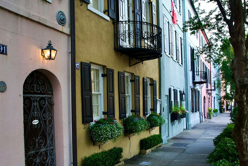 Rainbow Row's pastel historic houses on East Bay Street in downtown Charleston, SC