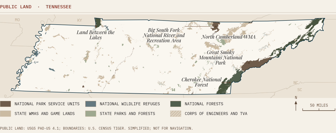 Map of public land in Tennessee shaded by managing agency, including the national park, national forest, wildlife refuges and state wildlife management areas