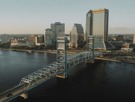 Aerial Jacksonville, Florida city and bridge, no people as subject