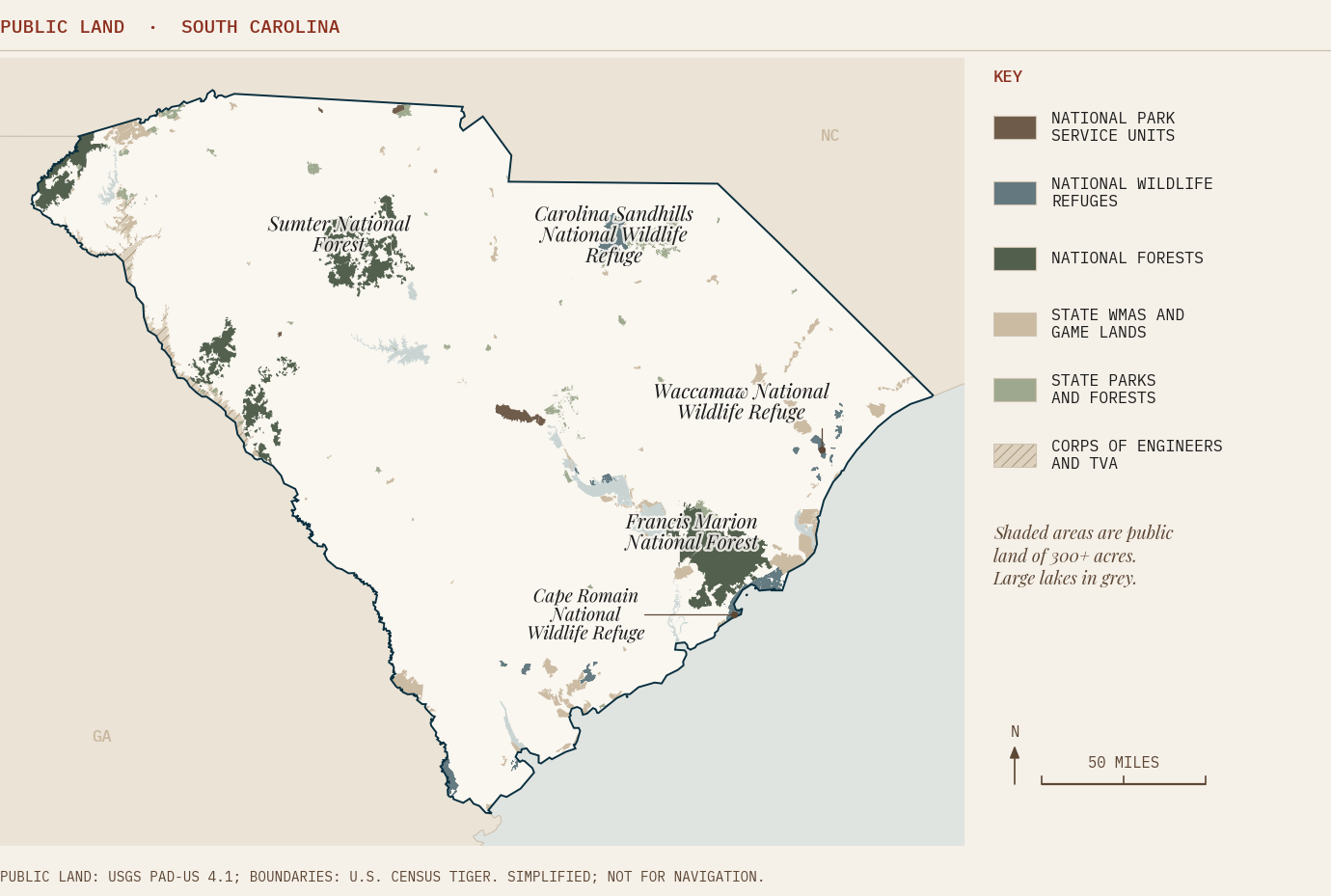 Map of public land in South Carolina shaded by managing agency, including national forests, wildlife management areas, refuges and Corps lakes