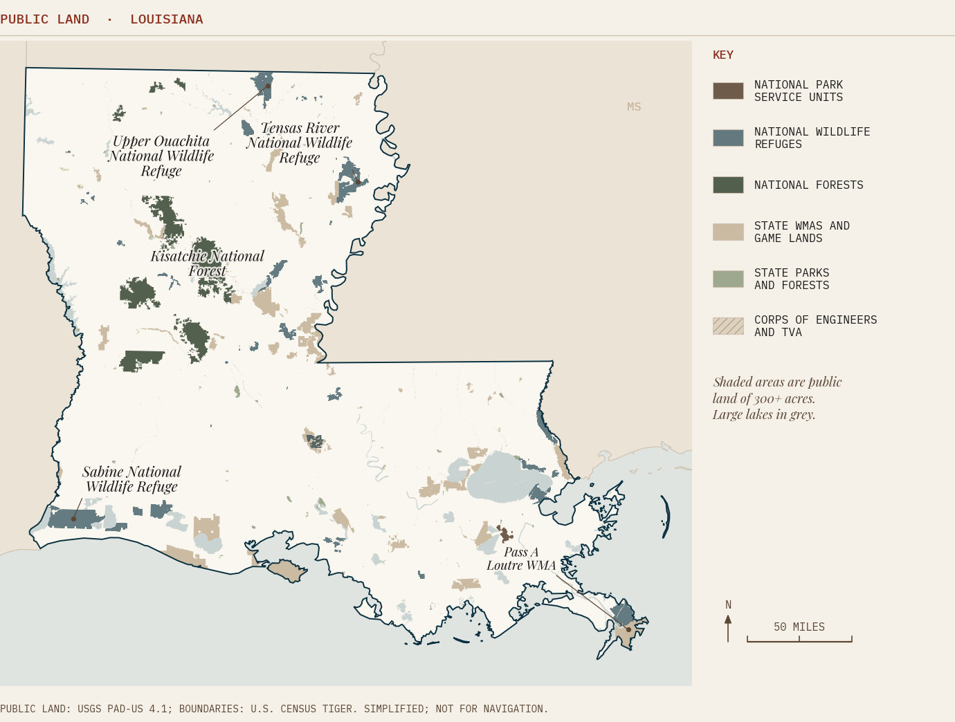 Map of major public land in Louisiana by managing agency, showing Kisatchie National Forest, Tensas River National Wildlife Refuge, and Sabine National Wildlife Refuge