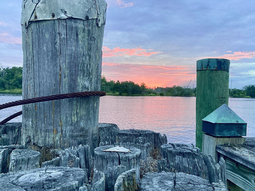 Cape Fear dock pilings at sunset, downtown Wilmington, no people as subject