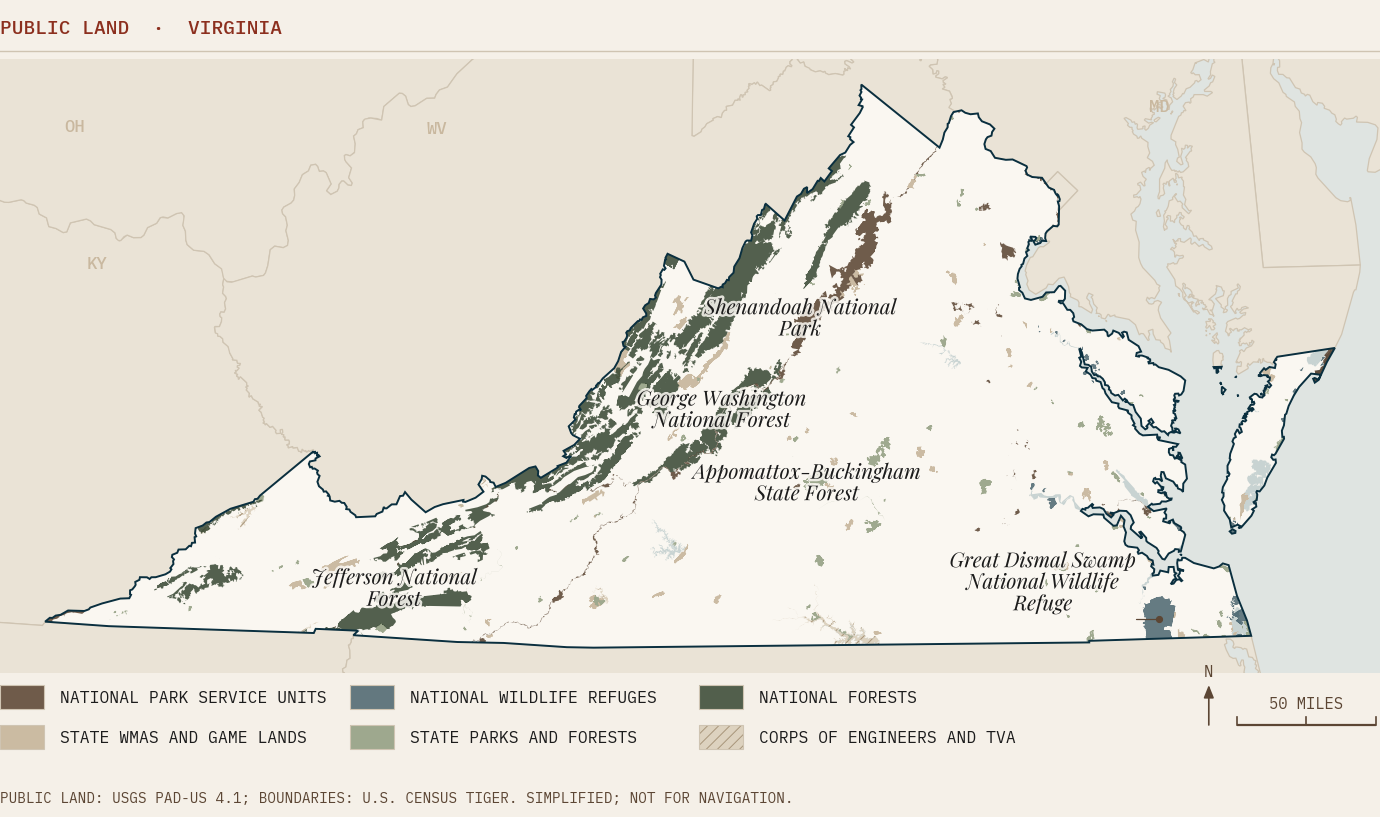 Map of major public land in Virginia by managing agency, showing George Washington National Forest, Shenandoah National Park and Great Dismal Swamp National Wildlife Refuge