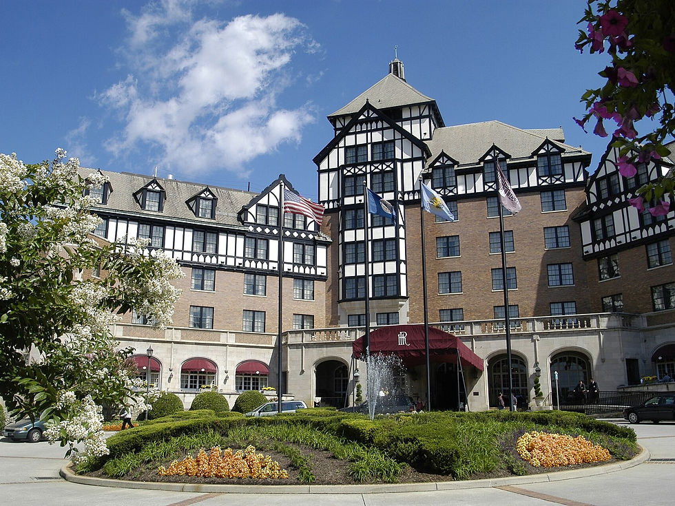Hotel Roanoke front entrance, downtown Roanoke VA — Tudor Revival facade, no people as subject