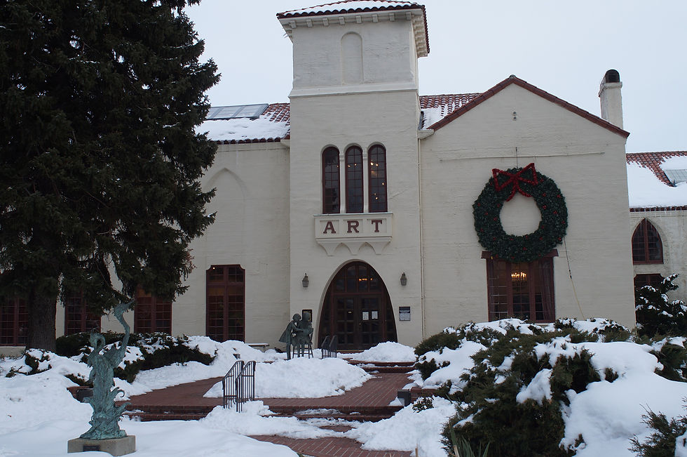 Springville Museum of Art in Springville, Utah, with snow on the grounds and a holiday wreath