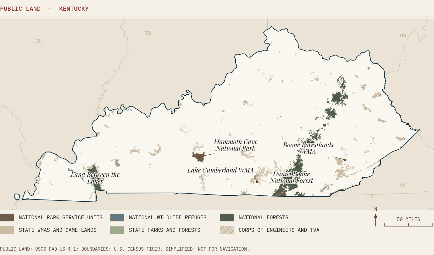 Map of public land in Kentucky shaded by managing agency, including the Daniel Boone National Forest, Land Between the Lakes, wildlife management areas and Corps lakes