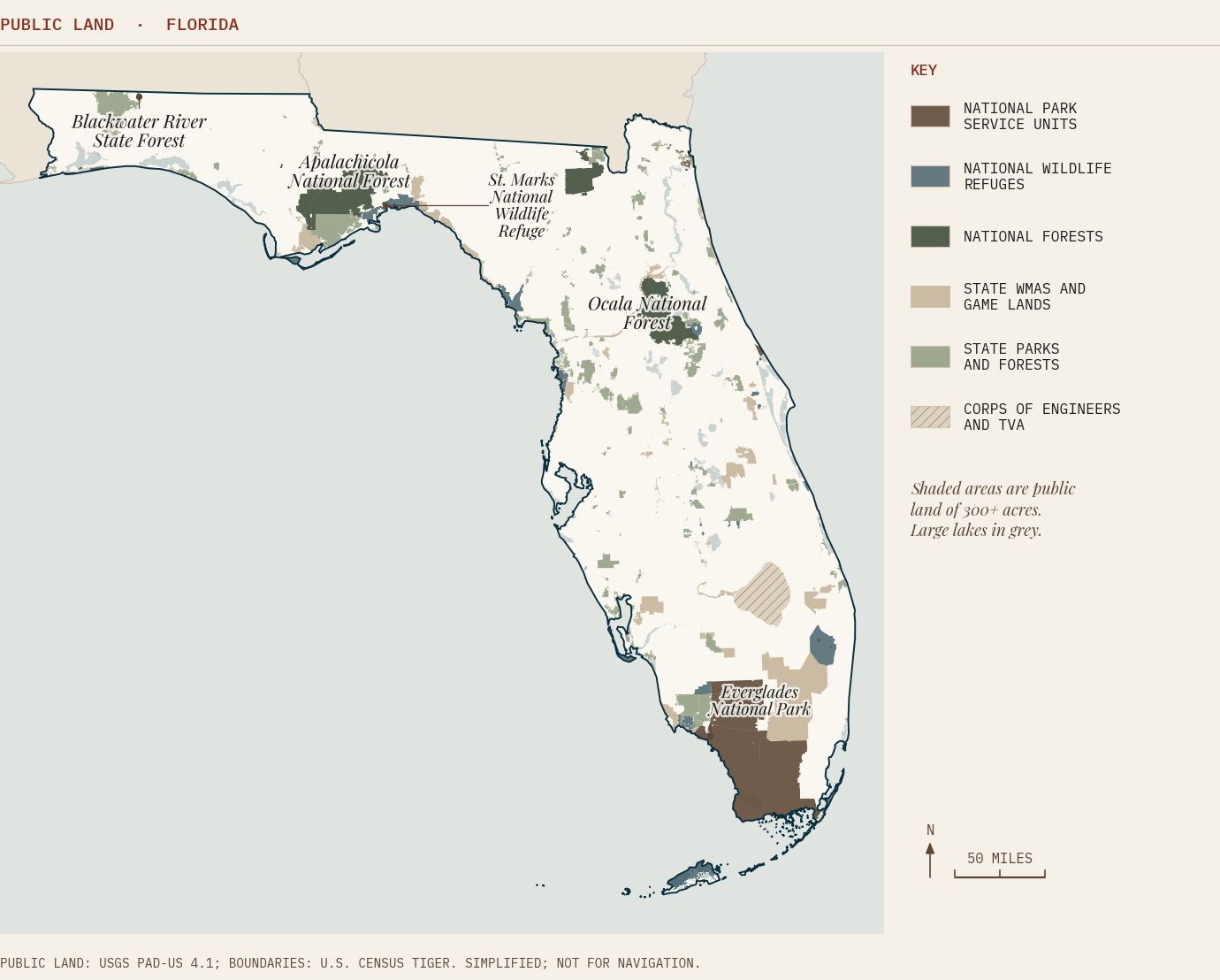 Map of major public land in Florida by managing agency, showing Apalachicola National Forest, Ocala National Forest and Everglades National Park