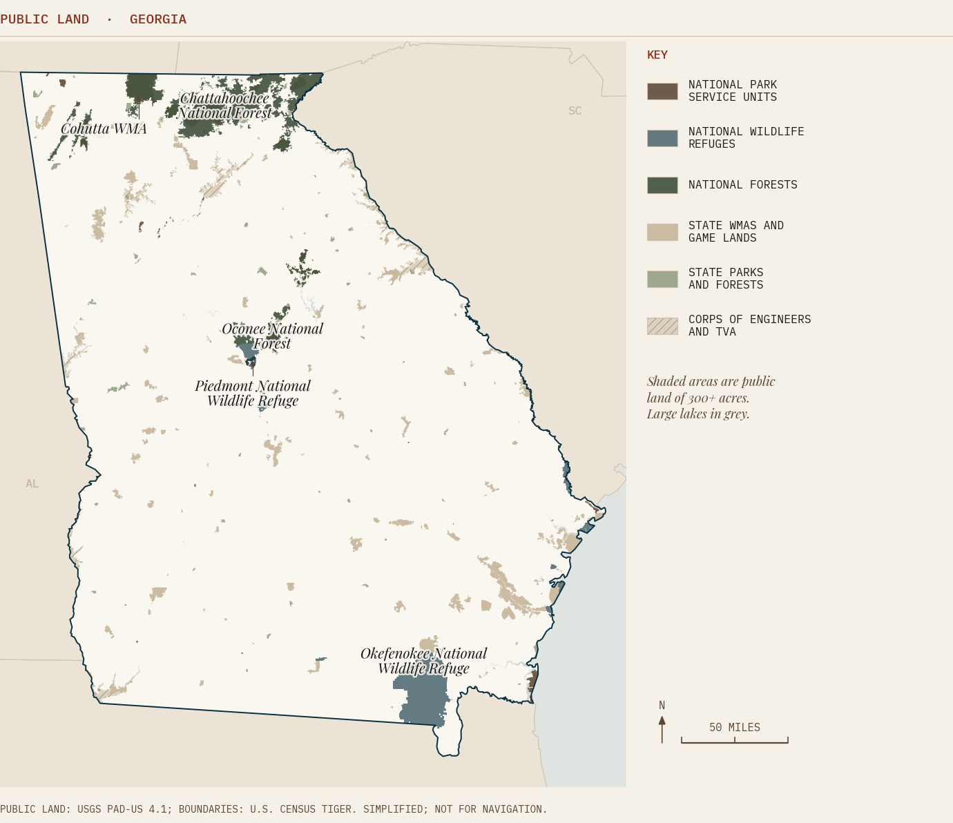Map of Georgia shading public land by managing agency, with national forests and the Cohutta area in the north, the Piedmont National Wildlife Refuge in the center and the Okefenokee National Wildlife Refuge in the south