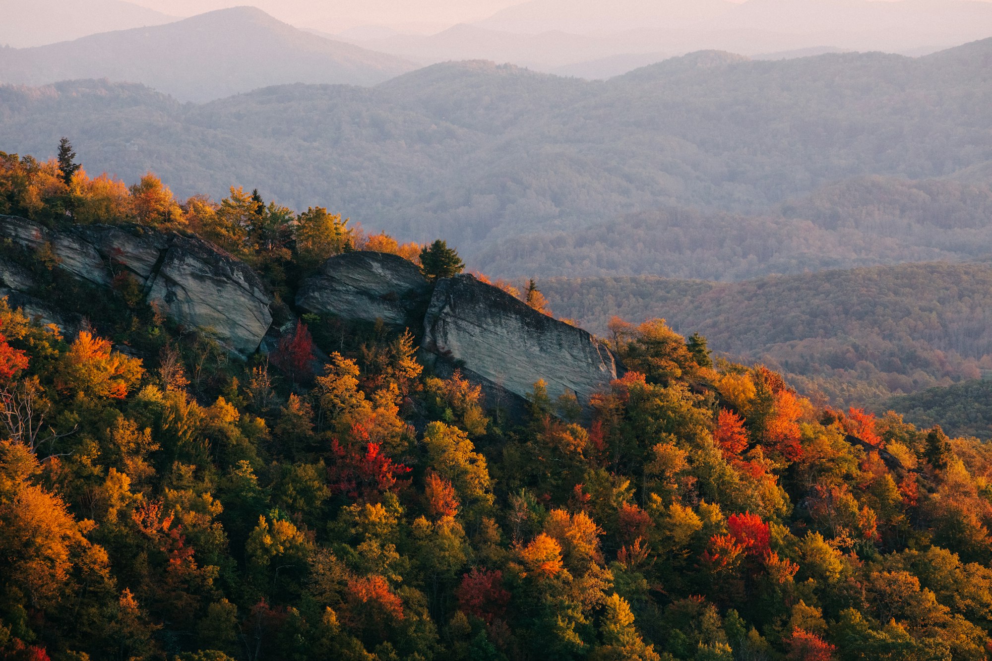 Rock escarpment overlook with fall foliage on the Highlands-Cashiers plateau, North Carolina
