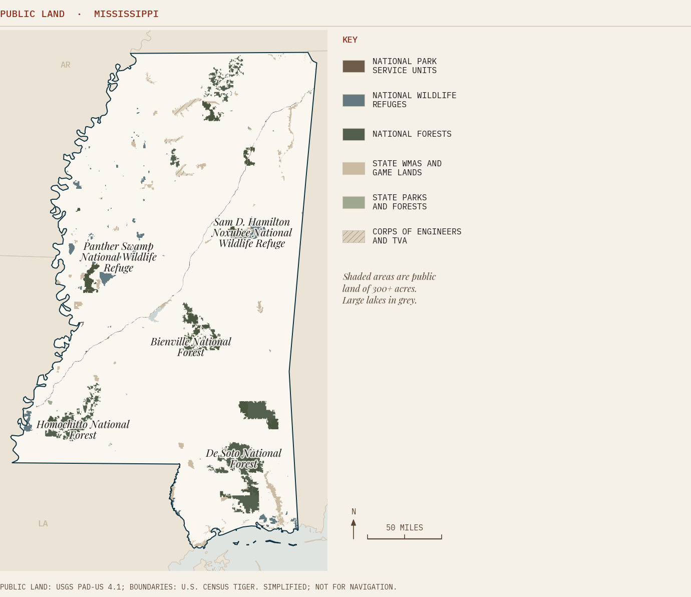 Map of major public land in Mississippi by managing agency, showing De Soto National Forest, Bienville National Forest, and Panther Swamp National Wildlife Refuge