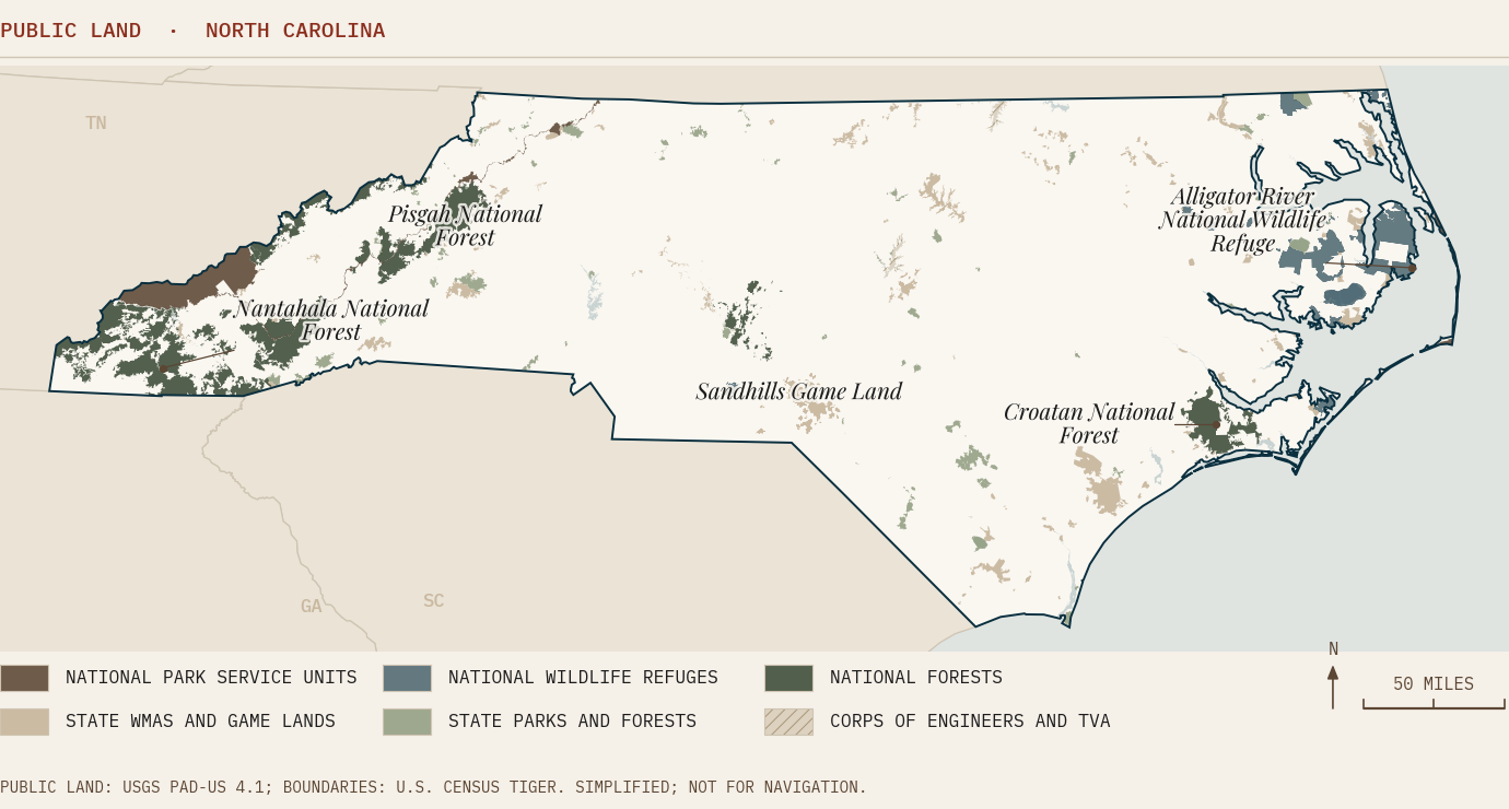 Map of public land in North Carolina shaded by managing agency, from the mountain national forests to the coastal refuges and seashores
