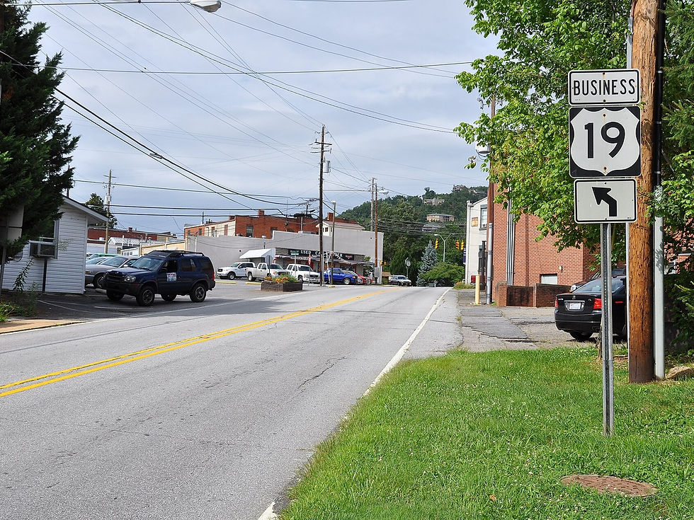 US 19 Business through Weaverville — downtown approach, no people as subject