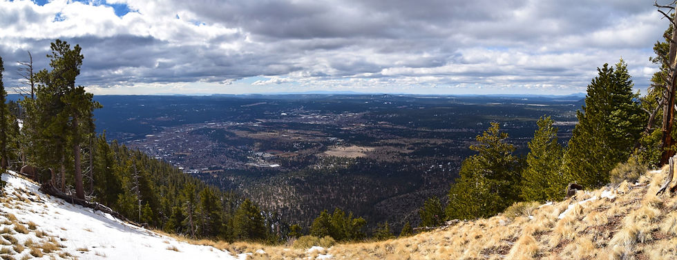 Downtown Flagstaff, Arizona with the San Francisco Peaks rising behind the city