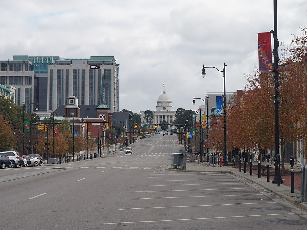 Dexter Avenue axis to the Alabama State Capitol dome, Montgomery AL 2018 — streetscape, no people as subject