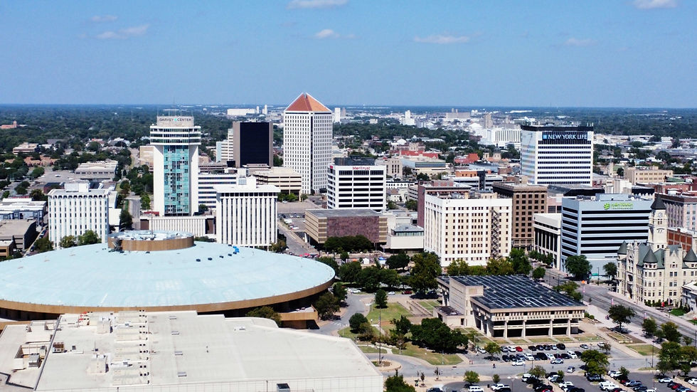 Aerial view of downtown Wichita with Century II and office towers in Kansas