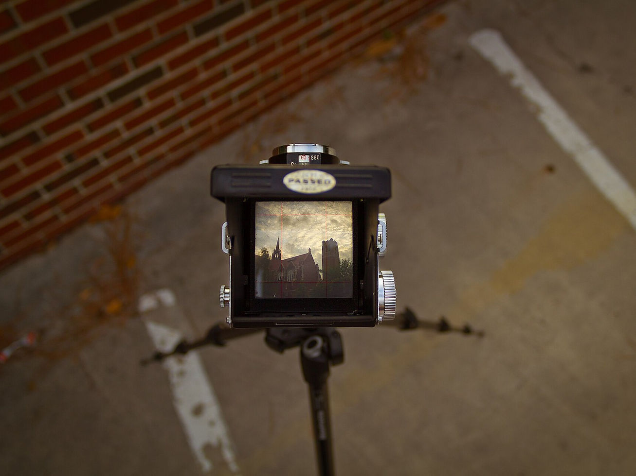 Century Tower and University Auditorium through a camera finder, UF campus, Gainesville FL, no people as subject