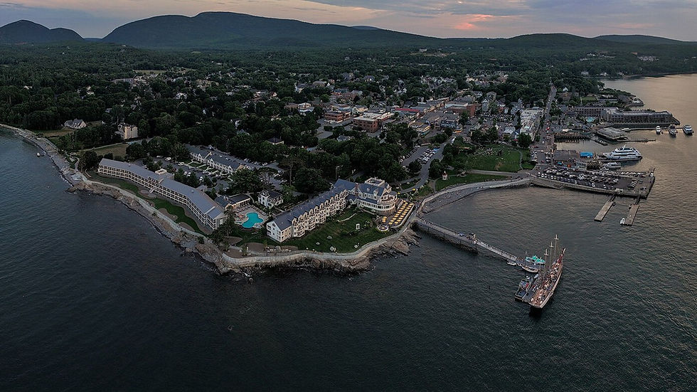 Aerial view of Bar Harbor Maine at sunset